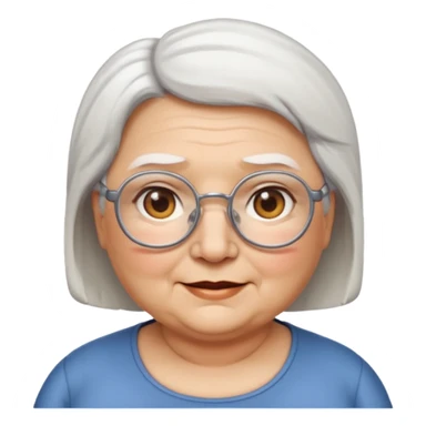 Create me emoji of an old fat lady. Short white hair to left side. Square glasses. Brown eyes. Rounded really big and really wide face. Wide nose.  sticker