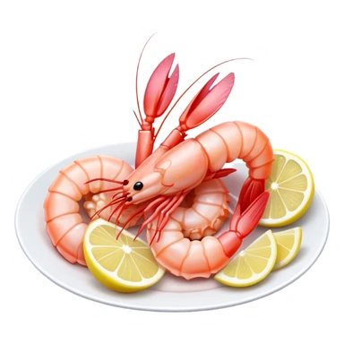 Cinematic glistening shrimp, pink and juicy, slightly curled with a light char, served with lemon wedges, ultra-detailed and fresh, warm glowing background. sticker