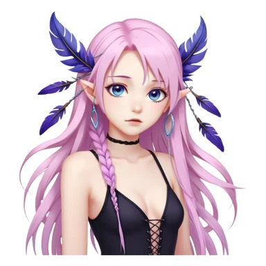 Gorgeous beautiful pretty grumpy anime lady long-pale-whitish-pastel-pink-hair with one thin braid on each side, hanging purple feather-ear-cuffs with pink tips in hair, black bodysuit, blue eyes, pink iris, ethereal, fashion aesthetic  sticker