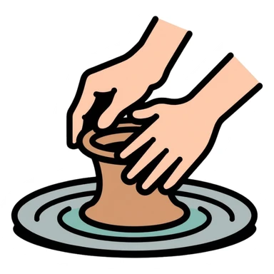 Two hands working on clay pottery, pinching and lifting clay on a pottery wheel, simple clean design with color outlines sticker