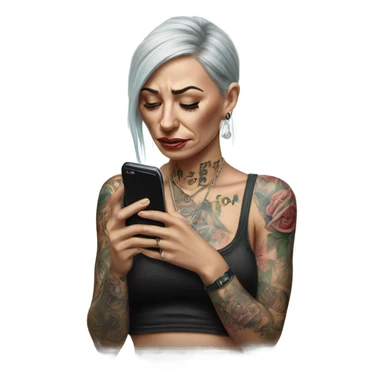 Hyper Realistic Beautiful tattooed woman crying holding a phone  sticker