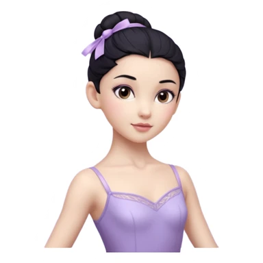 Cinematic Realistic ballerina Light Purple Portrait, depicted with lifelike skin texture, subtle rosy undertones, and soft natural lighting that enhances the gentle contours of her face. Her intricately detailed sweet black hair is elegantly styled, sticker
