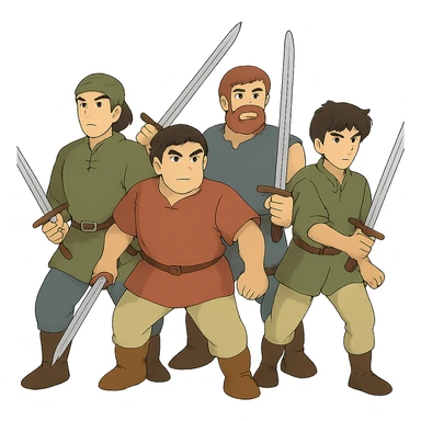 ghibli style group of men with swords sticker