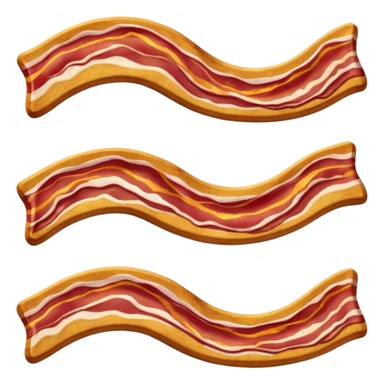 single crispy bacon strip, natural wavy shape, rich reddish-brown, golden highlights, fat marbling, glossy and crispy texture, clean 3D rendering, soft light, subtle shadow, no plate, no anthropomorphic features, transparent background, emoji scale sticker