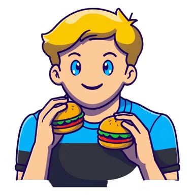 Young blonde guy with blue eyes from LGBT community eating McDonald's burger, rainbow pride details sticker