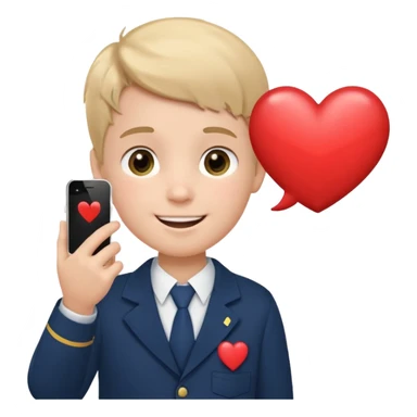 сгенерируй эмоджи где школьник из первого класса в костюме школьном деловом звонит по телефону айфону и от него исходит облачко с сердечками внутри как будто он говорит кому-то по телефону «я тебя люблю» его лицо в немного краснеет и улыбается типо от милоты  sticker