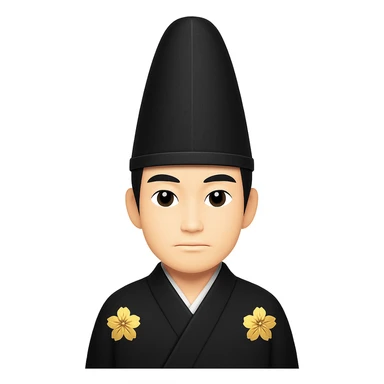 Make the eboshi hat much taller, keeping the shogun in a long black kimono, in the style of emoji style emojis. The style should resemble apple style emojis with concise details. sticker