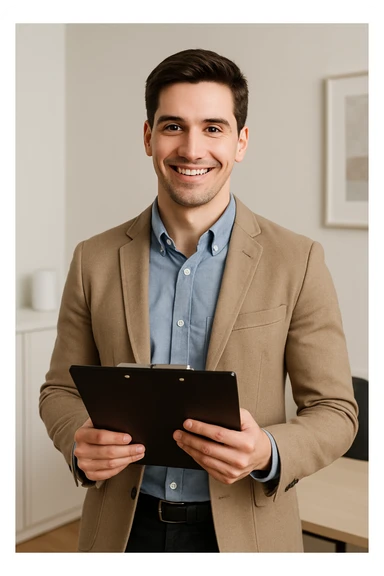 young professional man with a clipboard, smart casual clothes, friendly demeanor sticker