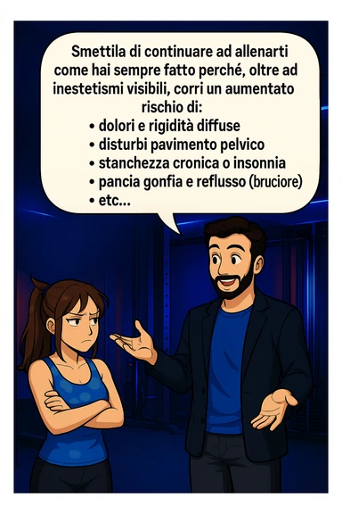 TRASFORMA QUESTO CAROSELLO IN UN FUMETTO STILE MANGA A COLORI CON QUESTE DUE PERSONE IDENTICHE CHE INTERLOQUISCONO TRA LORO:

LUI (UOMO): Smettila di continuare ad allenarti come hai sempre fatto perché, oltre ad inestetismi visibili, corri un aumentato rischio di:
    • dolori e rigidità diffuse
    • disturbi pavimento pelvico
    • stanchezza cronica o insonnia
    • pancia gonfia e reflusso (bruciore)
    • etc… sticker