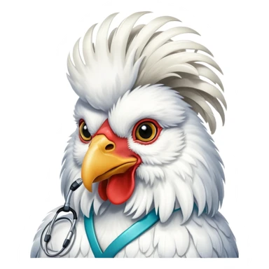 A White Silkie Bantam rooster wearing a doctor's stethoscope. The head feathers look like a large fluffy wig. sticker