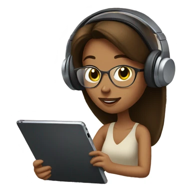 Brunette Female with headphones Studying in library looking at iPad  sticker