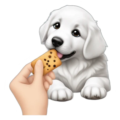 Little Great pyrenees puppy with black spot on one eye posing on the side looking at a hand with a treat sticker