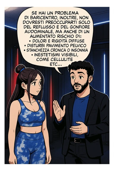 TRASFORMA QUESTO CAROSELLO IN UN FUMETTO STILE WEBTOON/MANGA A COLORI CON QUESTE DUE PERSONE IDENTICHE CHE INTERLOQUISCONO TRA LORO, L'uomo sta spiegando alla donna questo concetto:

Se hai un problema di baricentro, inoltre, non dovresti preoccuparti solo del reflusso e del gonfiore addominale, ma anche di un aumentato rischio di:
    • dolori e rigidità diffuse
    • disturbi pavimento pelvico
    • stanchezza cronica o insonnia
    • inestetismi visibili, come celluluite
    • etc… sticker