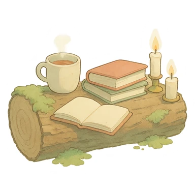 a log with tea, books, and candles, soft forest journaling mood, soft pastel colors, ghibli style sticker