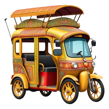 Cinematic Realistic Indian Auto Rickshaw Emoji, depicted as a colorful, bustling auto rickshaw with intricate designs and vibrant hues, rendered with lively textures and dynamic urban lighting that captures its quintessential presence in Indian cities. sticker