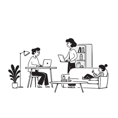 escenary 3d of a cozy mid-century living room with two people working on laptops, one man standing at a desk, and one woman sitting on a couch sticker