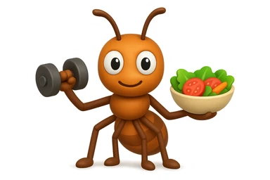 EMOJI STILE IPHONE 3D DI UNA formica CHE ha un manubrio da palestra nella mano destra e un insalata nella mano sinistra, FAGLI GLI OCCHI CON LA PARTE BIANCA, NON SOLO LA PUPILLA sticker