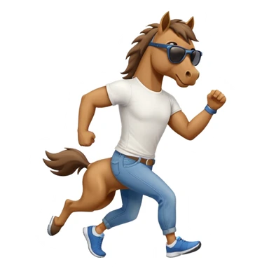 friendly anthropomorphised stallion in jeans and a t-shirt, wearing dark sunglasses, jogging upright in standard pose sticker
