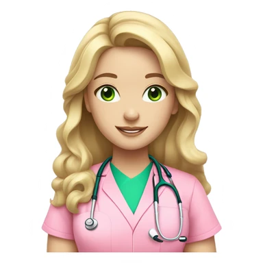 pale blonde girl with long wavy hair and green eyes wearing pink scrubs and stethoscope  sticker