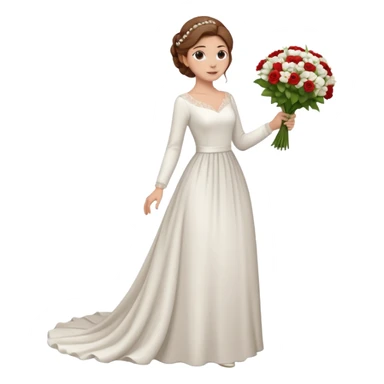 Chica blanca, cabello castaño, recogido en moño alto con mechones, vestido novia de manga larga, cuerpo entero, ramo de flores en una mano, cola trasera sticker