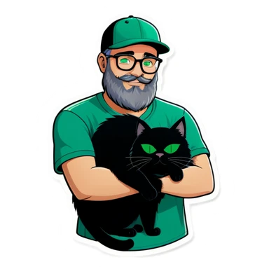 A bold man with a grey baseball cap, green eyes, big beard and glasses hugging a black cat sticker