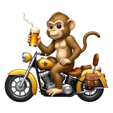 Monkey riding a Harley with a beer and a joint sticker