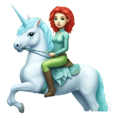 [(a light green Amazon alien woman with red hair with blue eyes) on a (four-legged white unicorn with a light blue mane)] sticker