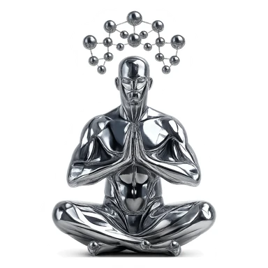 stylized chrome statue of a man meditating, with a network of chrome orbs suspended above him, futuristic and polished sticker