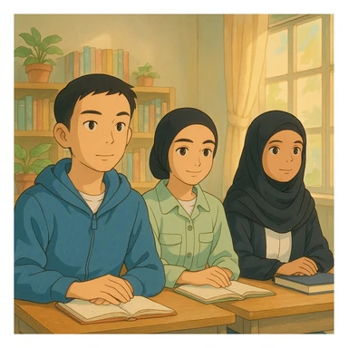 Illustrate four students sitting together attentively following a class, in warm and studious atmosphere, with a soft and bright classroom background, in Ghibli style. sticker