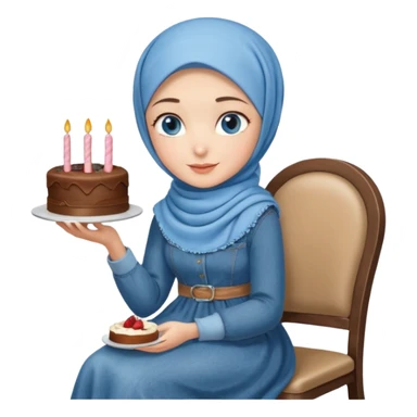 Turkish beautiful finish Konya girl blue eyes with denim hijab long tail dress and sits on the chair and holds cake with her hand  sticker