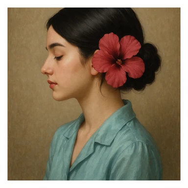 portrait of a black-haired girl with a neat low bun and side hair, face in profile, wearing a light sea blue silk shirt, adorned with a dark pink hibiscus flower, gentle style sticker