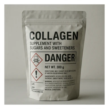 realistic collagen supplement package with sugars and sweeteners, danger symbols, negative atmosphere, clinical details, light background sticker