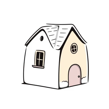 A cute small house/cottage with roof and windows in pastel colors (dd9fb0, ffc6d3, a3bfc9, c4bee2, f1b091), hand-drawn doodle style sticker