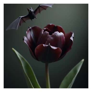 realistic goth tulip with black petals and bat flying above, photorealistic style sticker