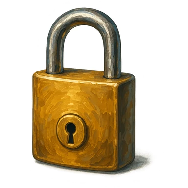 В cлегка рисованной, но при этом объемной и яркой стилистике сгенерируй картинку фотореалистичного золотого замка (замок который для ключей), прозрачный фон sticker