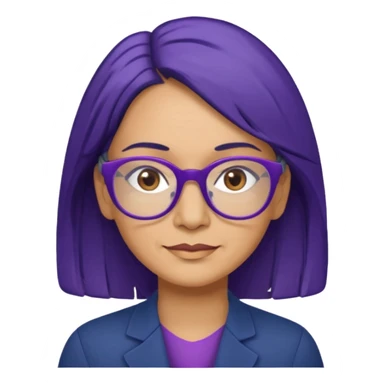 51-year-old woman. Navy blue shoulder-length hair. Purple wire-rimmed glasses. Brown eyes. sticker