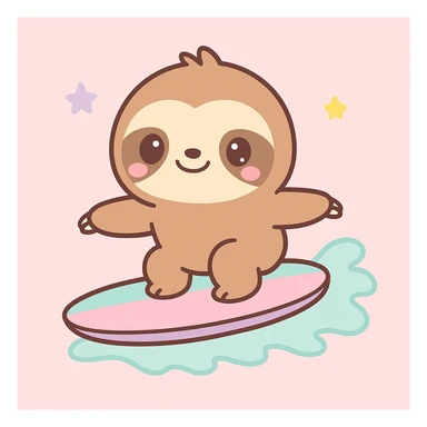a sloth surfing, kawaii style sticker
