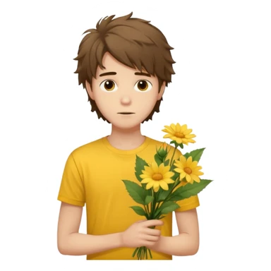 generate an ios genmoji of a 20 year old fair boy with brown long and messy hair with faint stubble. should look like he cant grow a mustache., carrying a flower bouquet, wearing a yellow tshirt, looking shy sticker