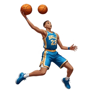 An icon showing a close-up of a basketball player in mid-air, performing an impressive dunk, inspired by NBA 2K25. The player is focused, with the ball in hand and the court in the background. Bright lights emphasize the action and excitement. Transparent background. sticker