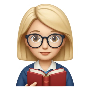 Apple Memoji-style 3D emoji of a librarian wearing glasses holding a book, clean gradients, rounded shapes, no background. sticker