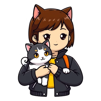 Light-skinned girl with brown straight hair wearing a black jacket, with one pure white cat with yellow eyes and one calico cat with orange black and white patches sticker