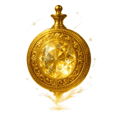 very luxurious crystal coin-shaped elixir bottle, golden, lots of shine, edges, ornaments, magical effects, very small golden neck, transparent background, beautiful merging bottom, clearly floating in air, no base or shadow, premium class, matching the collection sticker