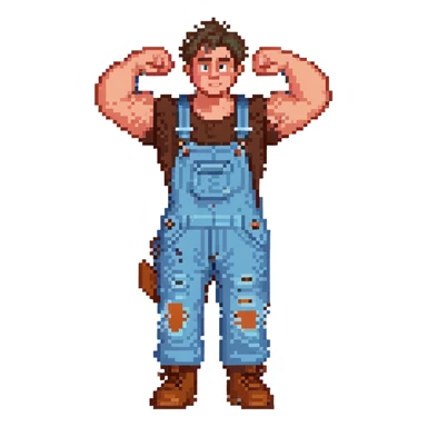 Wreck-It Ralph man with short messy hair, brown overalls, boxy figure with big arms sticker