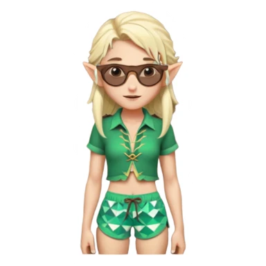 elf female legolas portrait, patterned board shorts (geometric/abstract), unique wooden-framed sunglasses, undercut hairstyle, slight smirk, visible pointy ears, no background, centered emoji, hipster summer vibe coctails sticker