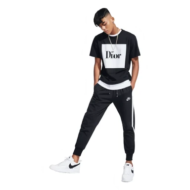 chico de pelo moreno, corte taper fade, flequillo a las cejas, camiseta Nike negra, pantalones Nike negros bajados, zapatillas Dior blancas sticker