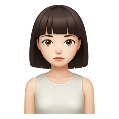 a short bob with bangs and dark brown hair. They have a calm expression, fair skin, and wear a sleeveless white cropped top sticker