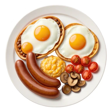 English Breakfast Cinematic Realistic English Breakfast Dish Emoji, depicted as a hearty plate featuring 2 sizzling sausages, a central serving of baked beans, 2 perfectly fried eggs, 2 sliced grilled tomatoes, 2 grilled mushrooms, and a triangle-shaped hash brown, rendered with vivid textures and warm, inviting lighting. sticker