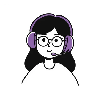 female brunette with glasses and a purple gaming headset, hand-drawn doodle style sticker