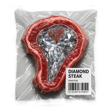 steak made of diamond, glossy and puffy, vacuum-sealed style sticker