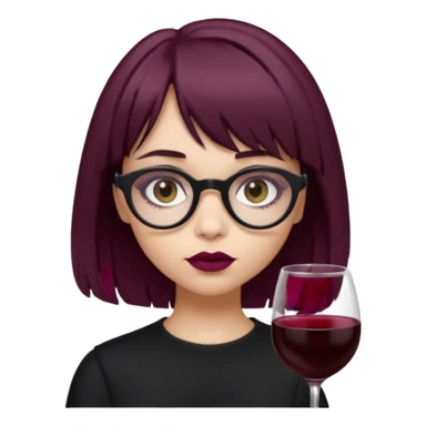 Emoji girl that has mid length brown shaggy cut hair with baby bangs, has hazel eyes and wears half transparent glasses, she is goth and wears wine colored lipstick sticker